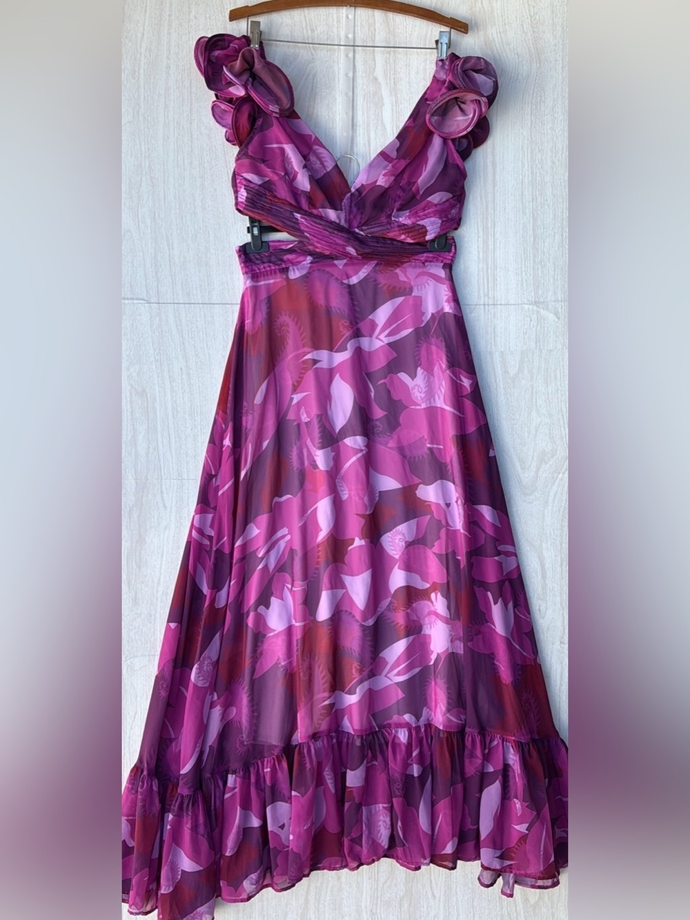 Ruffled V-Neck Magenta Floral Maxi Dress